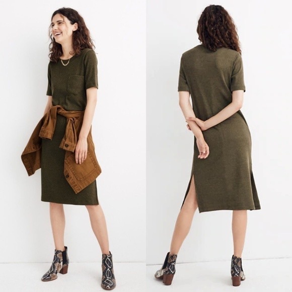 Madewell Dresses & Skirts - Madewell olive green ribbed pocket tee midi dress